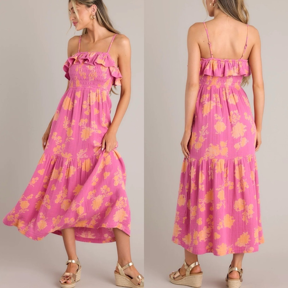 Z SUPPLY bahari sunshine floral midi dress raspberry sorbet ruffle gauze cotton